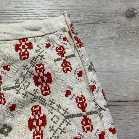 Maeve Anthropologie Cross Stitch Pom Pom Blommel Skirt, Ivory/Gray/Red, Sz 4 - Picture 4 of 13